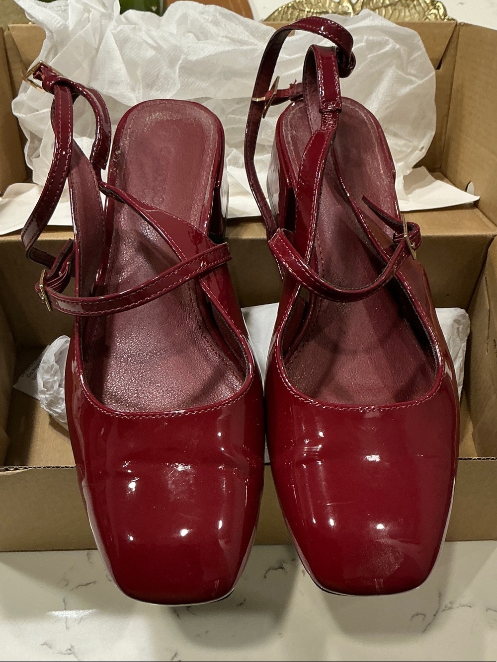 Patent-Style Burgundy Slingback Mary Jane Heels